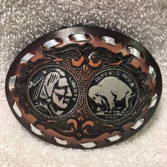 Vintage Buffalo Nickel Leather Belt Buckle - Western Cowboy Style - Picture 1 of 5